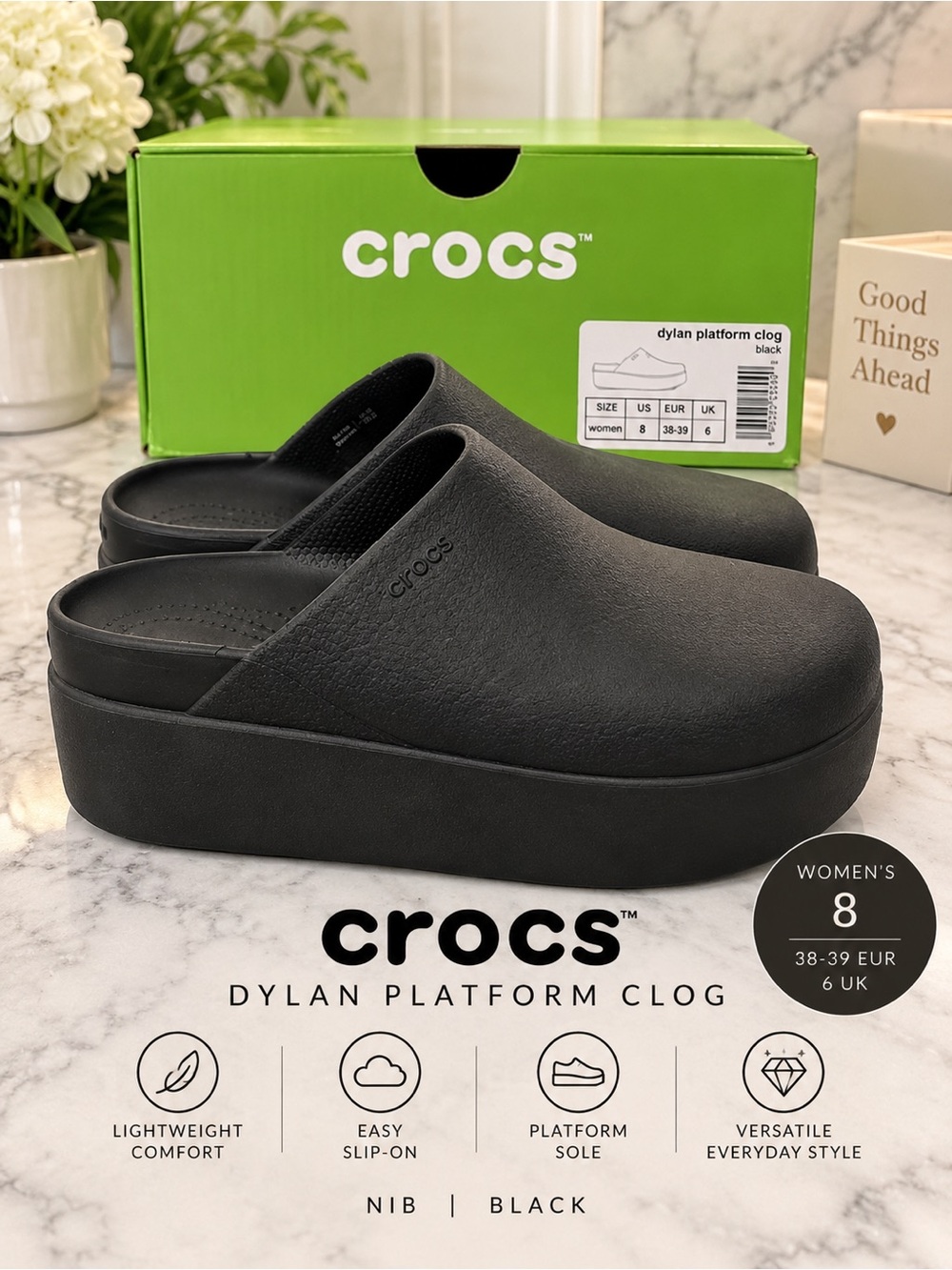 NIB Crocs Dylan 2” Platform Clog Black Mules | Women’s EU 39 US 8